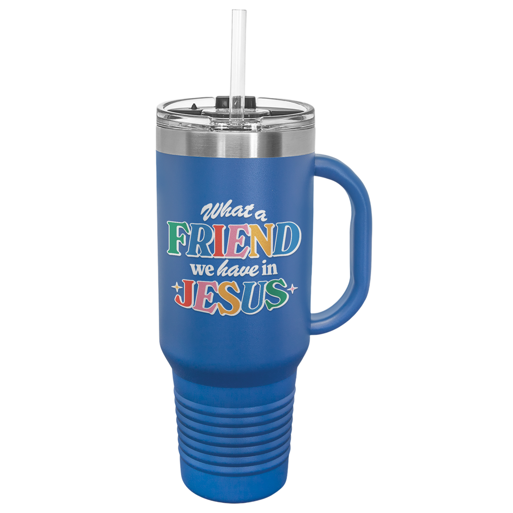 40oz insulated stainless steel tumbler with handle featuring the 'What a Friend We Have in Jesus' design in Royal Blue. This premium tumbler is ideal for keeping drinks at the perfect temperature while expressing your faith.