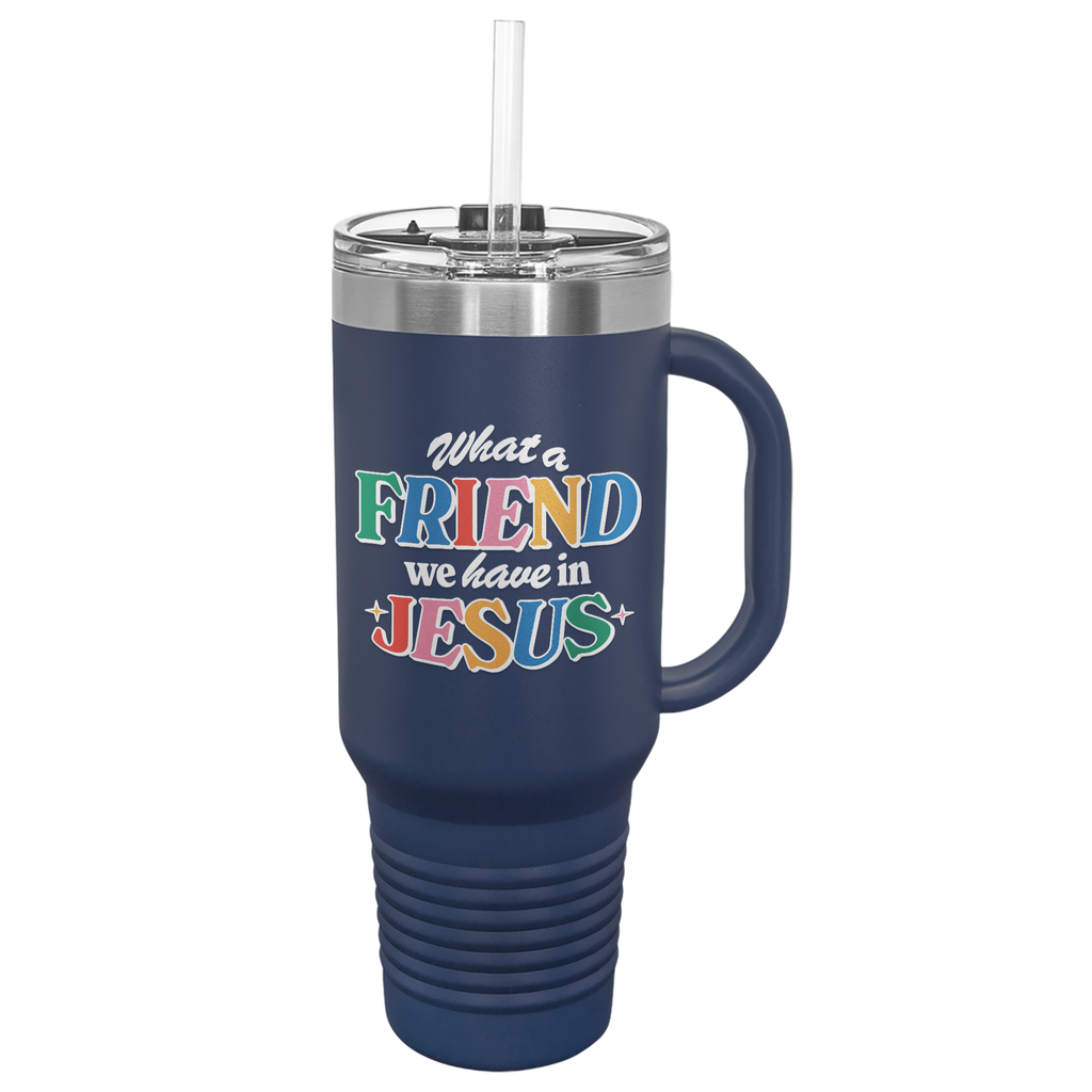 40oz insulated stainless steel tumbler with handle featuring the 'What a Friend We Have in Jesus' design in Navy Blue. This premium tumbler is ideal for keeping drinks at the perfect temperature while expressing your faith.