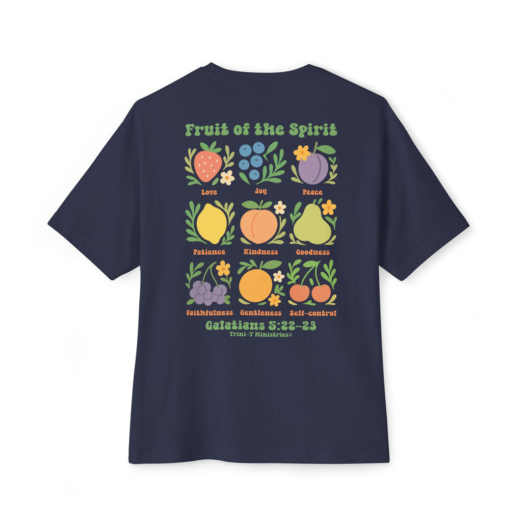 Navy oversized Christian shirt featuring Fruit of the Spirit artwork and scripture on back.