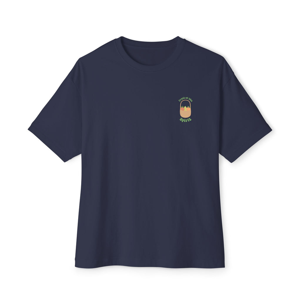 Navy blue oversized tee with fruit emblem print on the chest.