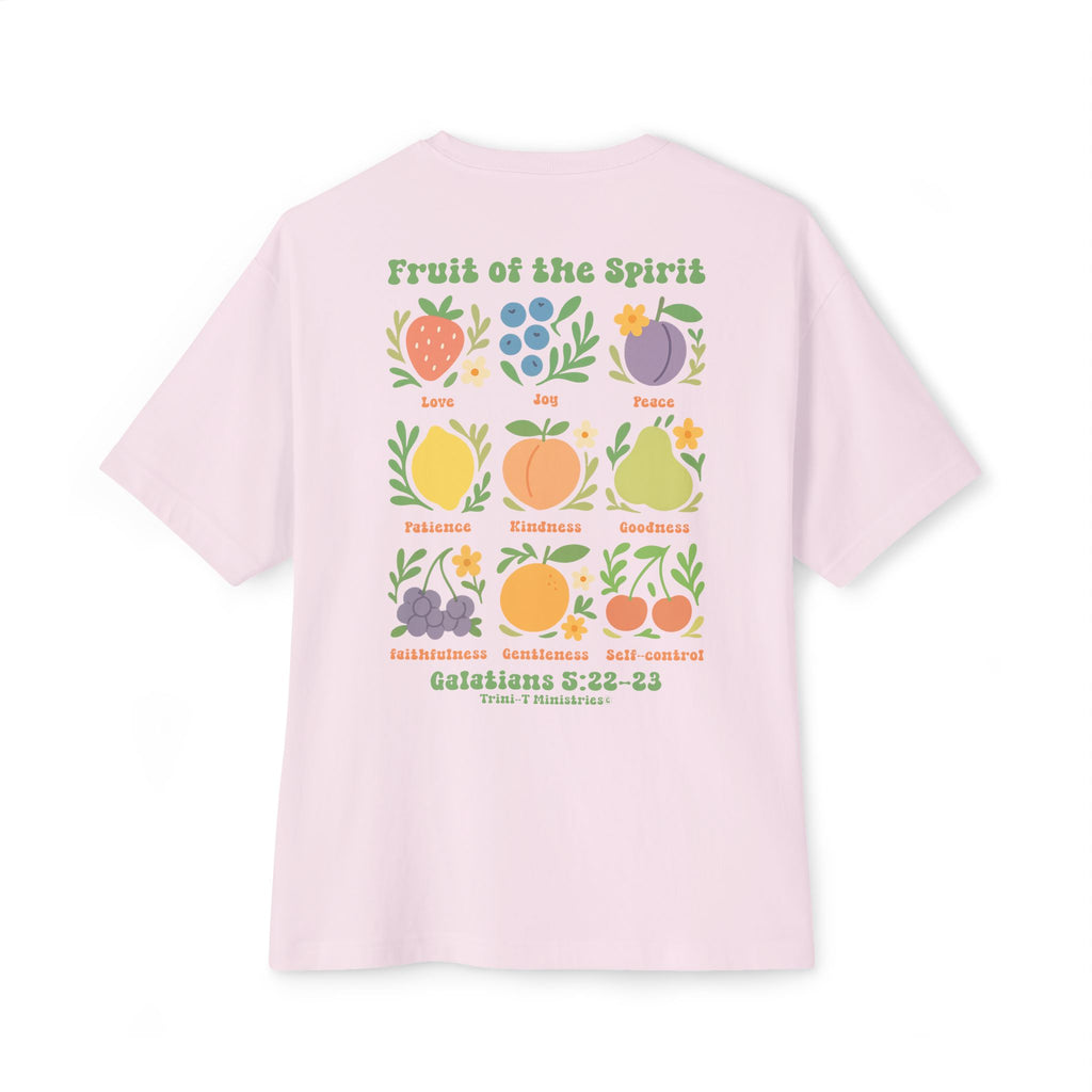 Soft pink oversized Christian t-shirt with Galatians 5:22–23 verse and fruit graphic on back.