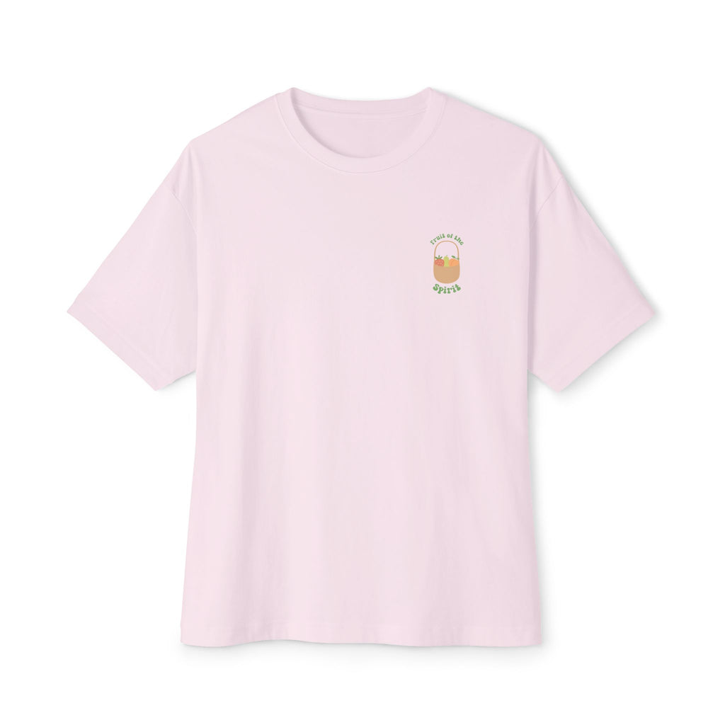 Pink boxy Christian t-shirt with mini front patch design and Fruit of the Spirit theme.