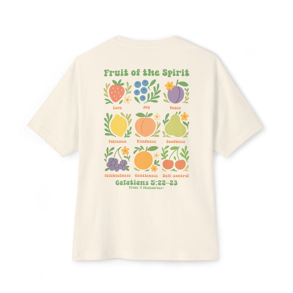 White oversized Fruit of the Spirit t-shirt showing Galatians 5:22–23 on back.