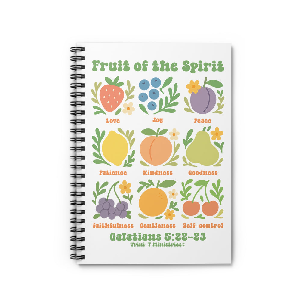 Front-facing mockup of the Fruit of the Spirit Journal featuring colorful fruit illustrations and Galatians 5:22–23 on a white background.