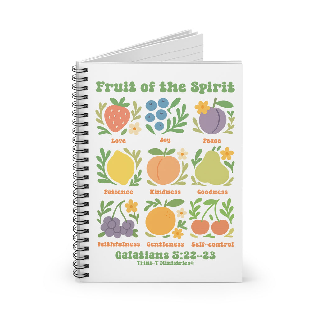 Angled mockup of the Fruit of the Spirit Journal with colorful front cover and partially open pages on a white background.
