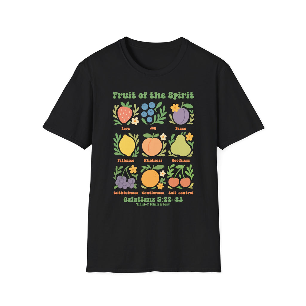 Fruit of the Spirit Bible verse t-shirt in black with bold colors, ideal for men or women of faith.