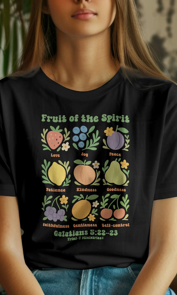 Black unisex t-shirt with Fruit of the Spirit design featuring colorful fruits and Galatians 5:22–23 Bible verse.