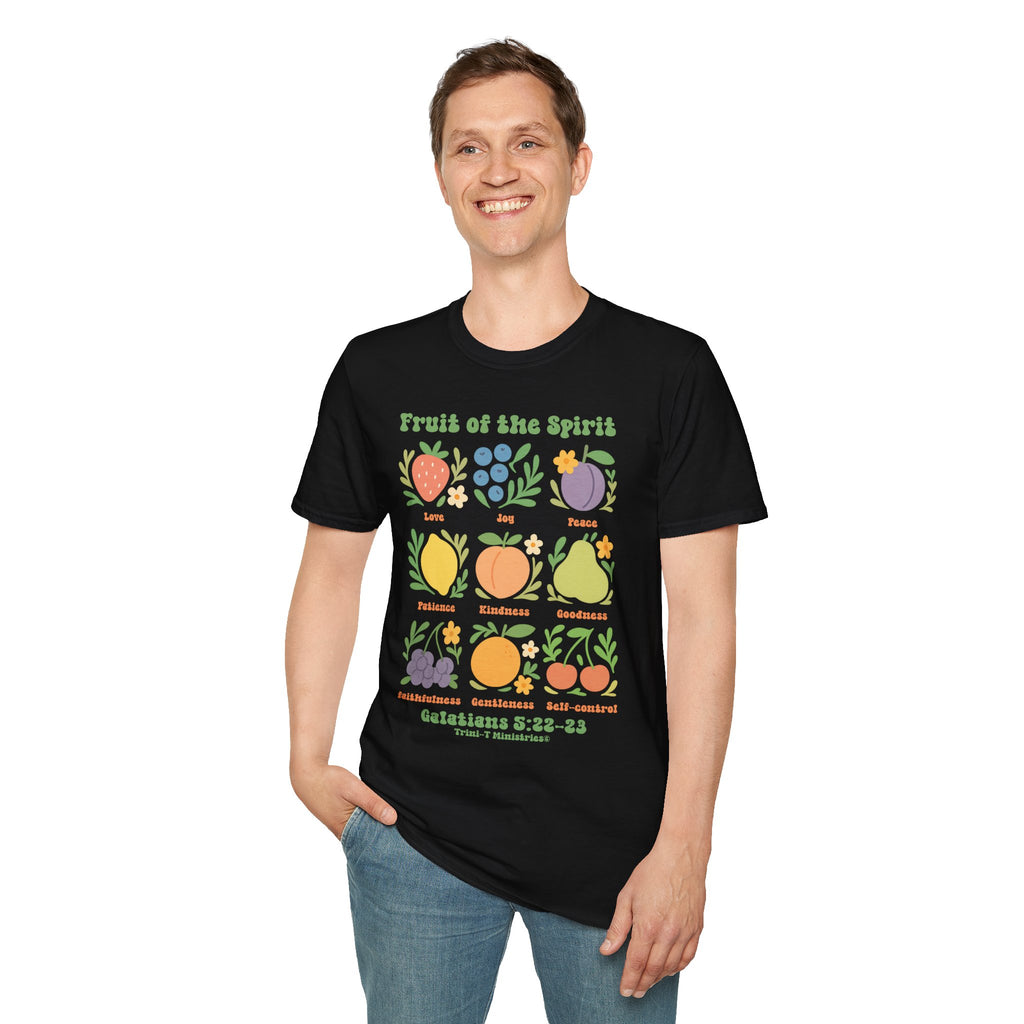 Man wearing black Fruit of the Spirit Christian shirt with colorful Scripture-inspired artwork.