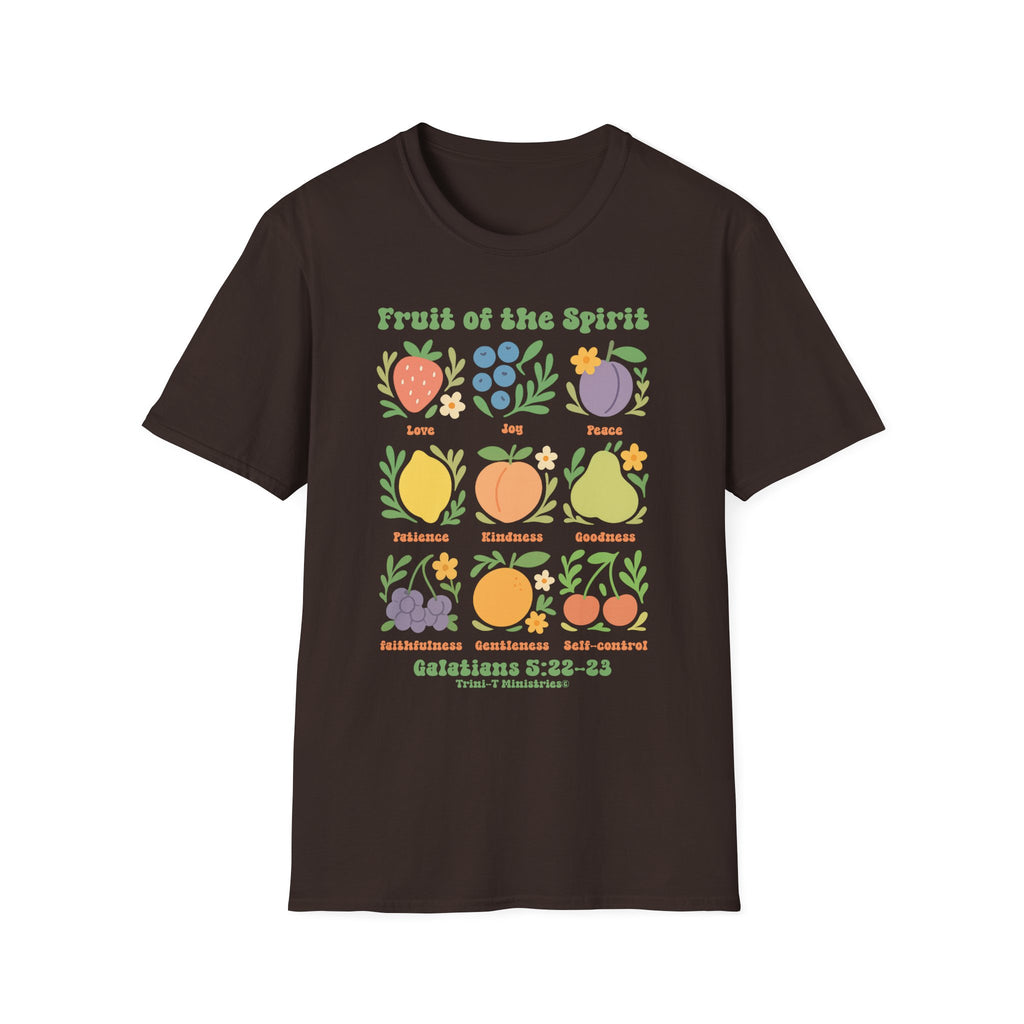 Dark chocolate Gildan 64000 tee with Fruit of the Spirit design featuring Scripture from Galatians 5.