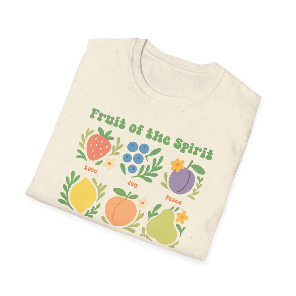 Folded Fruit of the Spirit Christian t-shirt in natural color, featuring colorful fruit graphics.