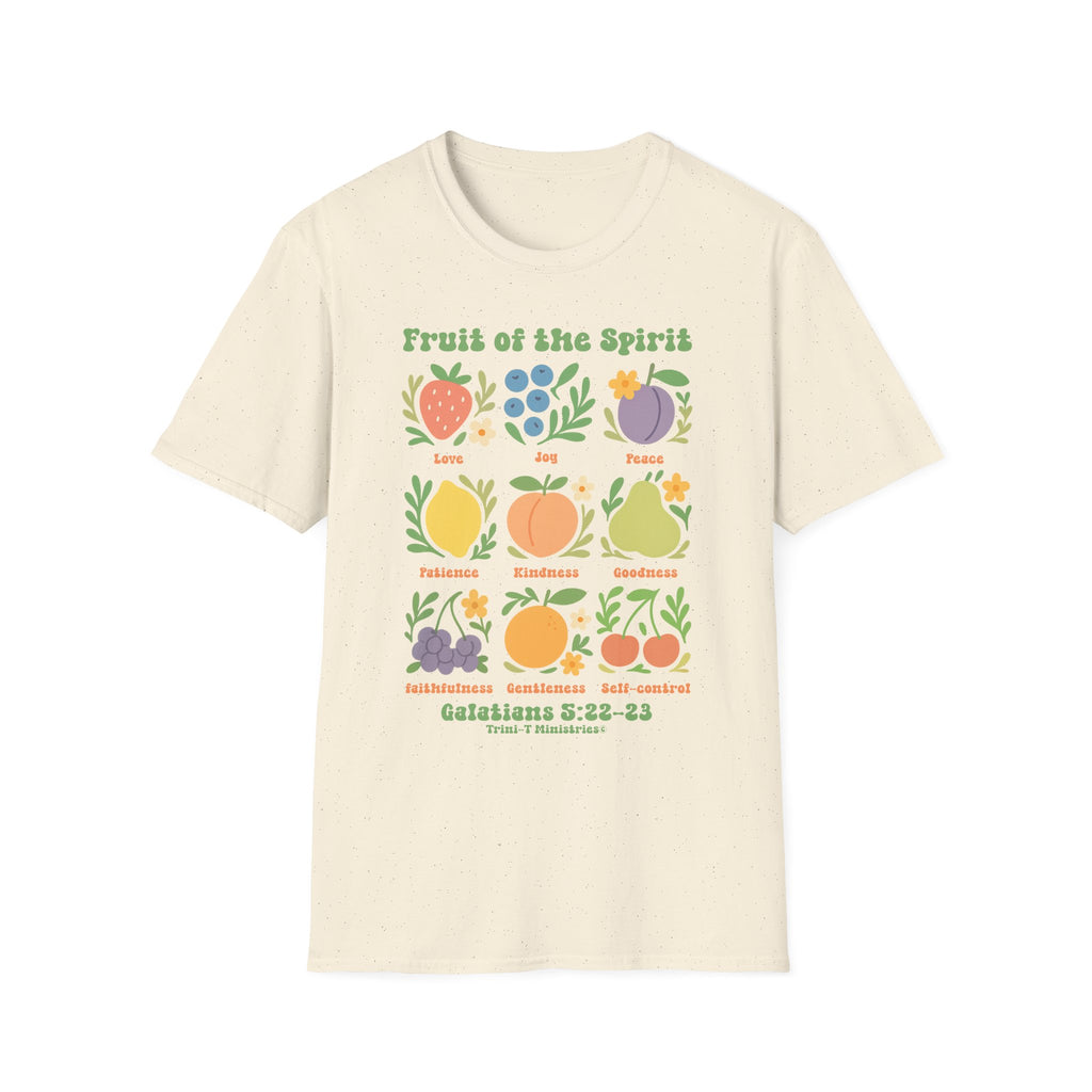 Natural color Christian t-shirt laid flat, showcasing the Fruit of the Spirit design with love, joy, peace, and more.