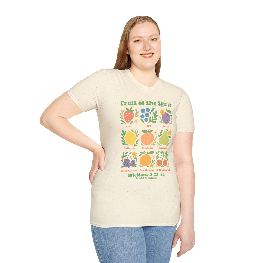Plus-size woman wearing natural color Fruit of the Spirit shirt, styled with jeans.