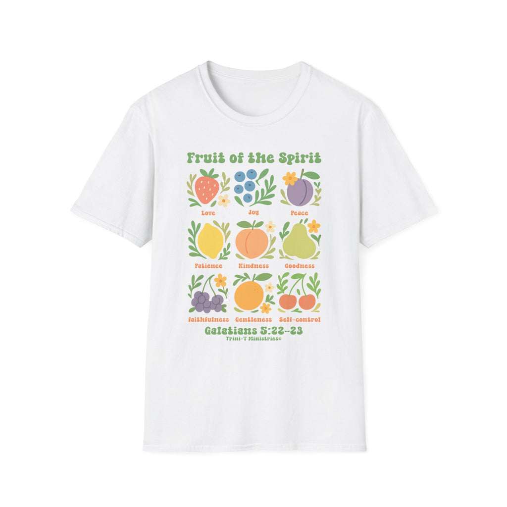White Gildan 64000 t-shirt with Fruit of the Spirit Bible verse design for Christian believers.