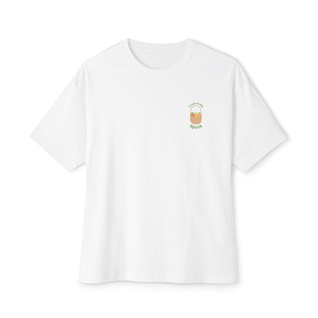 Flat lay view of white Fruit of the Spirit Oversized T-Shirt front view.