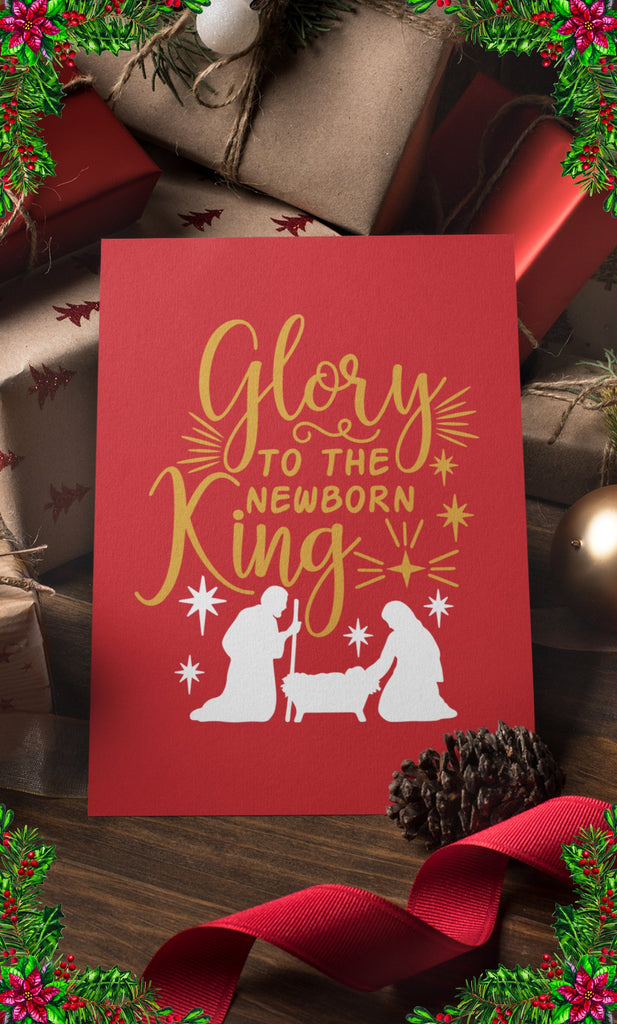 Red Glory to the newborn King Christmas card with nativity scene silhouette for greeting cards