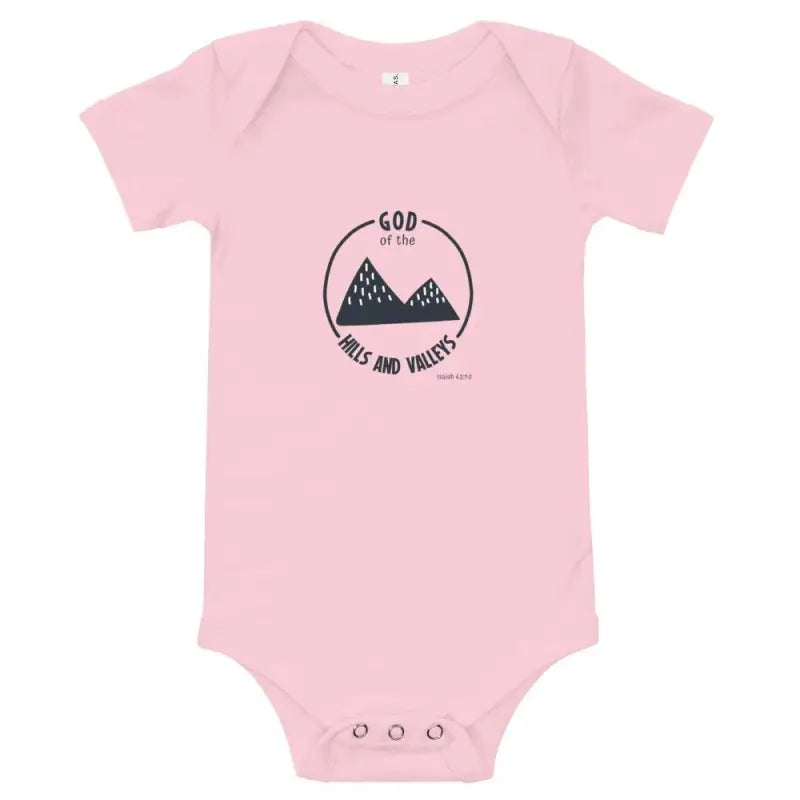 God of the Hills & Valleys - Baby’s Romper -  White / 3-6m, White / 6-12m, White / 12-18m, White / 18-24m, Heather Columbia Blue / 3-6m, Heather Columbia Blue / 6-12m, Heather Columbia Blue / 12-18m, Heather Columbia Blue / 18-24m, Pink / 3-6m, Pink / 6-12m -  Trini-T Ministries