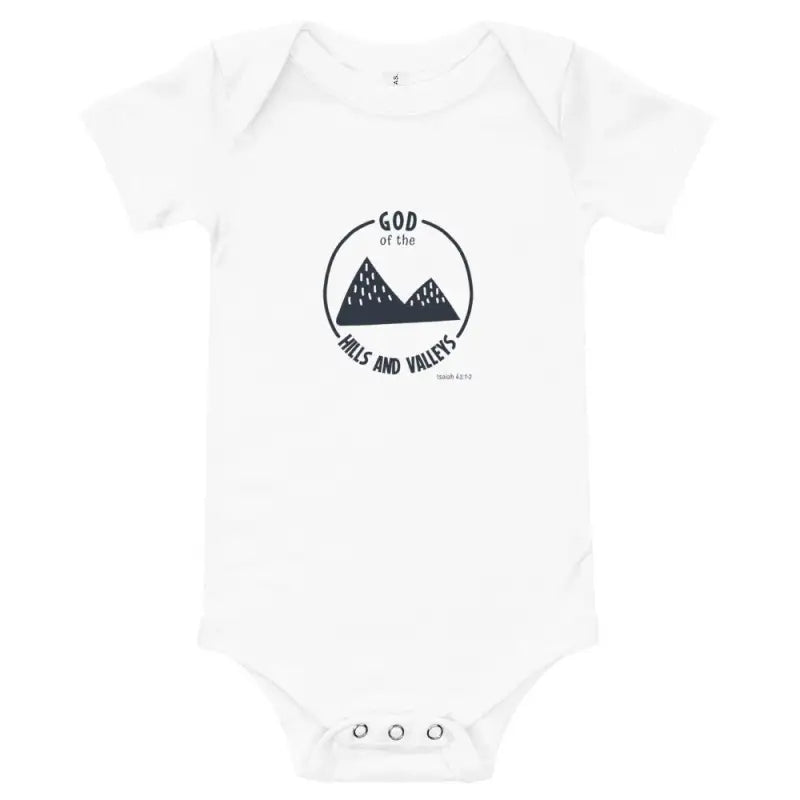 God of the Hills & Valleys - Baby’s Romper -  White / 3-6m, White / 6-12m, White / 12-18m, White / 18-24m, Heather Columbia Blue / 3-6m, Heather Columbia Blue / 6-12m, Heather Columbia Blue / 12-18m, Heather Columbia Blue / 18-24m, Pink / 3-6m, Pink / 6-12m -  Trini-T Ministries