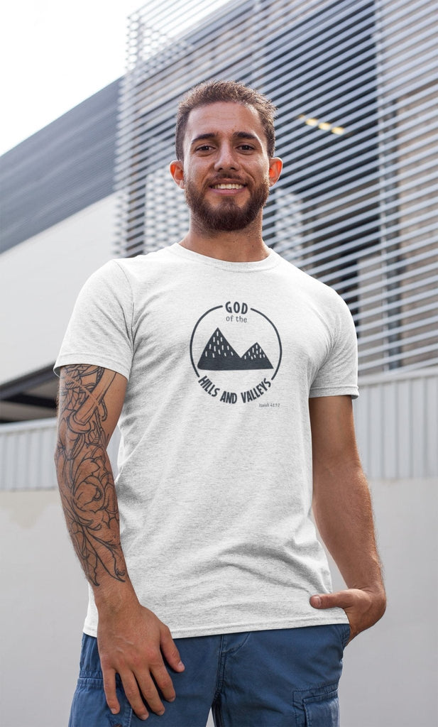 God of the Hills & Valleys - Men’s T -  White / S, White / M, White / L, White / XL, White / 2XL, Heather Grey / S, Heather Grey / M, Heather Grey / L, Heather Grey / XL, Heather Grey / 2XL -  Trini-T Ministries