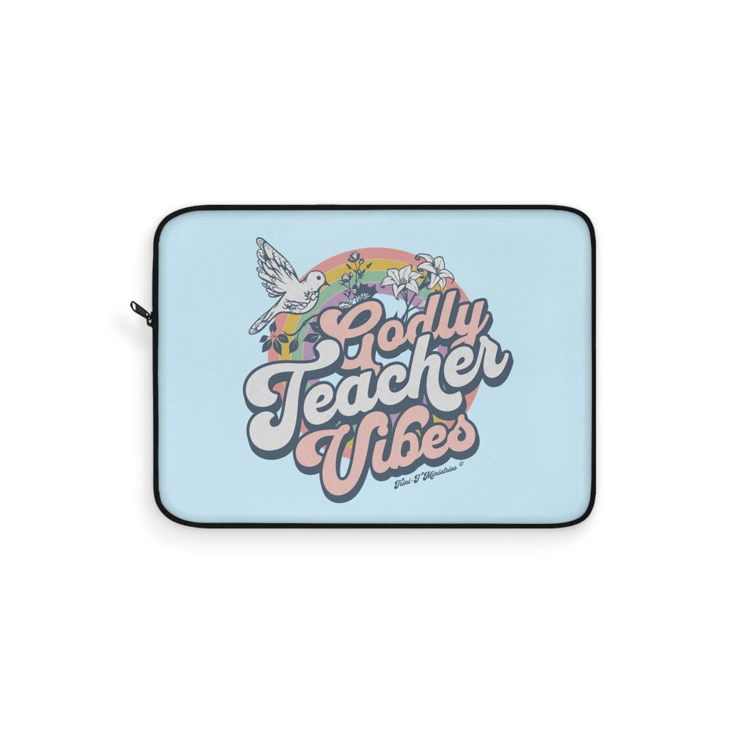 A flat lay view of the 12" Godly Teacher Vibes - Premium Laptop/Tablet Sleeve from Trini-T Ministries.