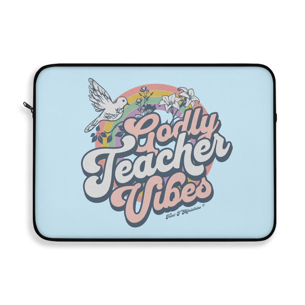 A flat lay view of the 15" Godly Teacher Vibes - Premium Laptop/Tablet Sleeve from Trini-T Ministries.