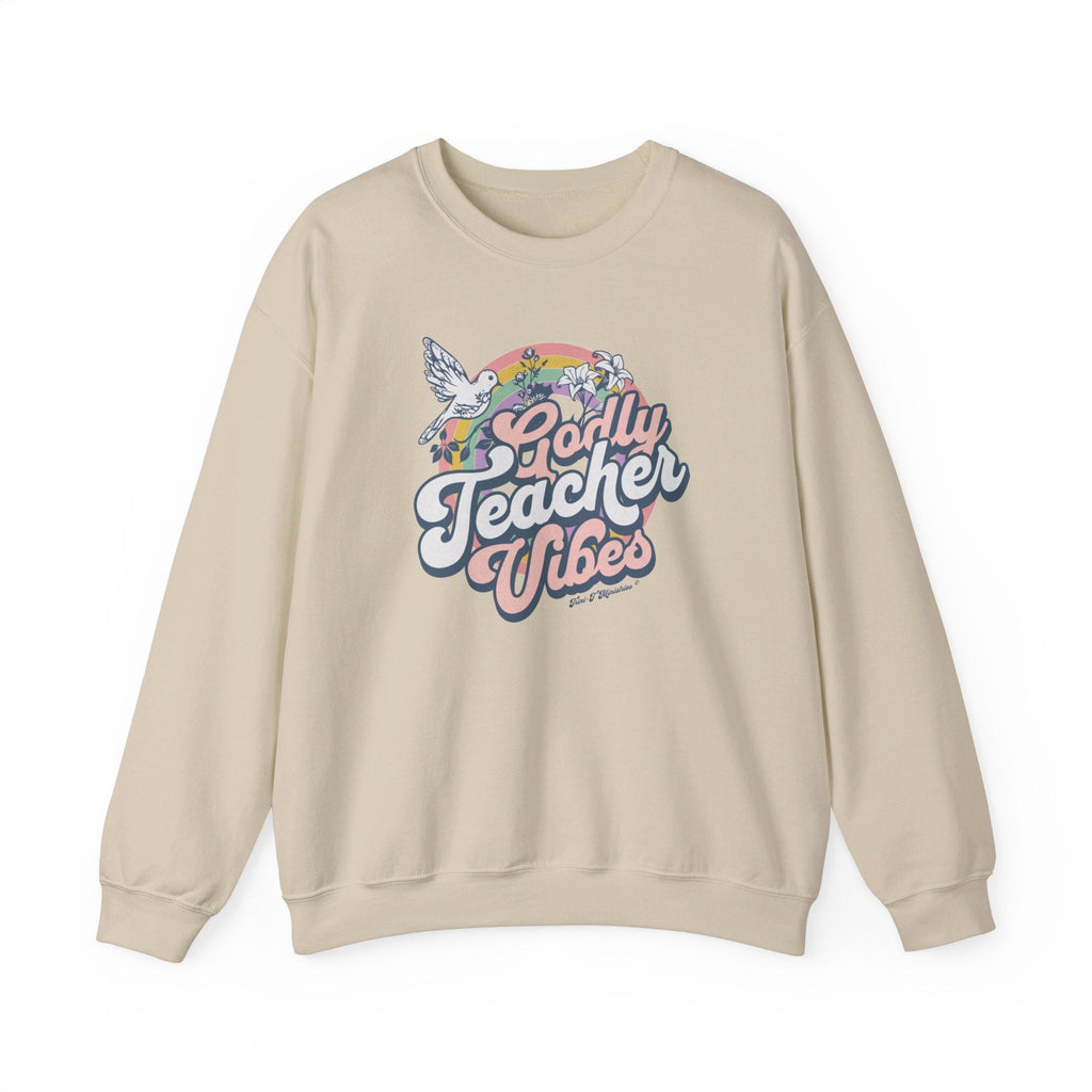 A natural color Gildan 18000 sweatshirt featuring the Godly Teacher Vibes design from Trini-T Ministries.