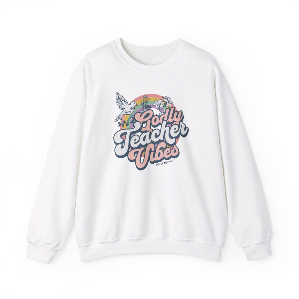 A white Gildan 18000 sweatshirt featuring the Godly Teacher Vibes design from Trini-T Ministries.