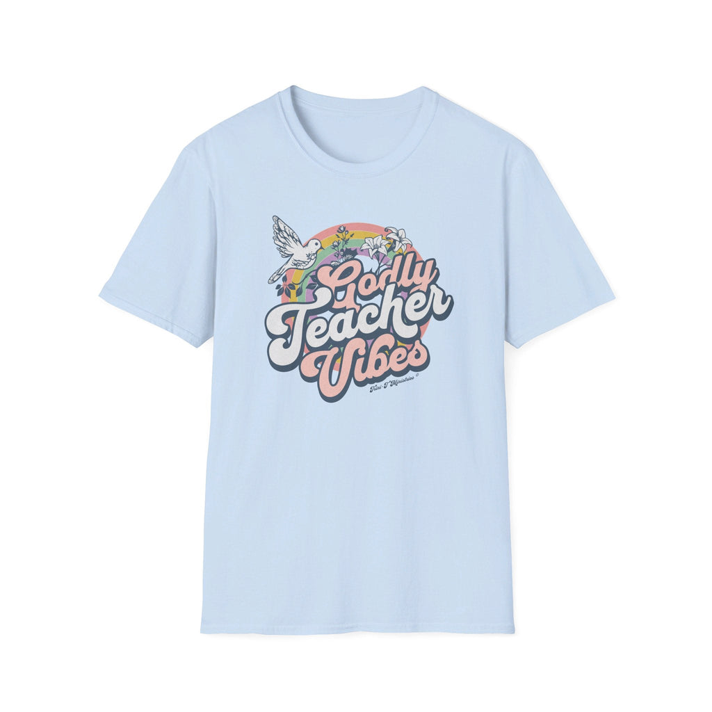 Light Blue Godly Teacher Vibes T-Shirt.  Celebrate the incredible impact of Godly teachers with our new "Godly Teacher Vibes" Collection from Trini-T Ministries!