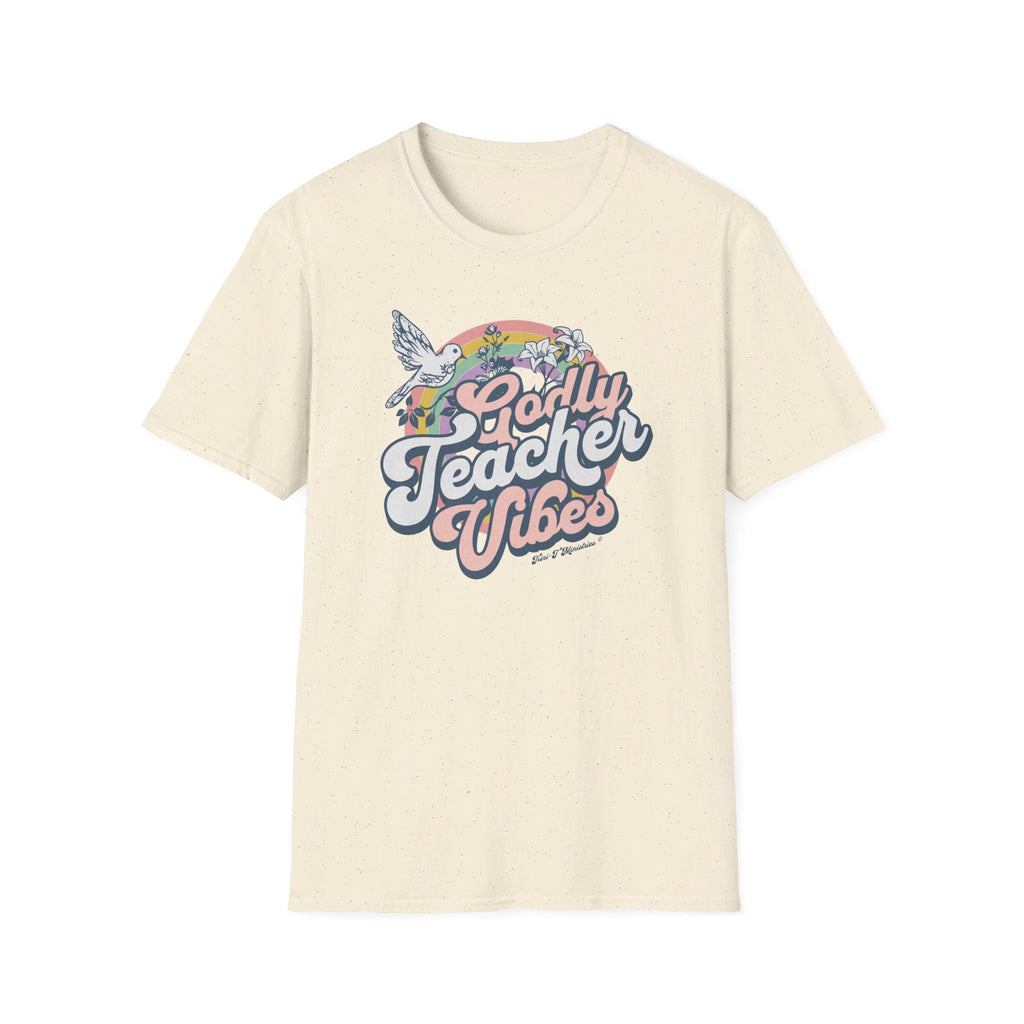 Natural Color Godly Teacher Vibes T-Shirt.  Celebrate the incredible impact of Godly teachers with our new "Godly Teacher Vibes" Collection from Trini-T Ministries!