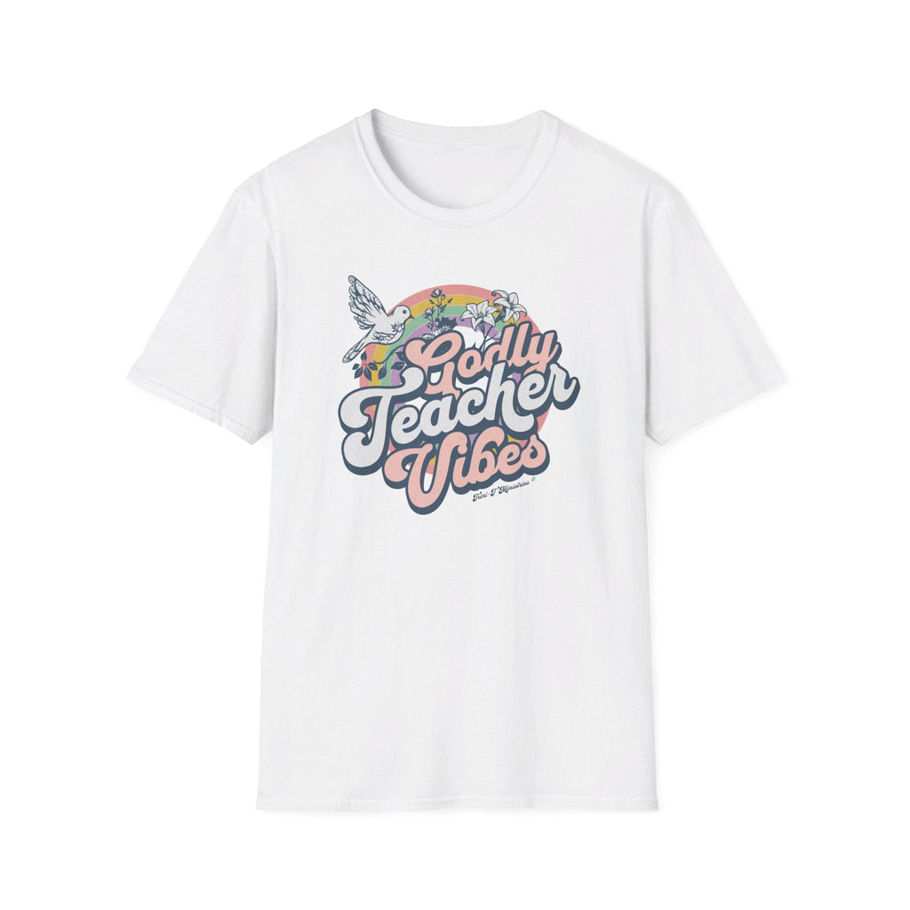 White Godly Teacher Vibes T-Shirt.  Celebrate the incredible impact of Godly teachers with our new "Godly Teacher Vibes" Collection from Trini-T Ministries!