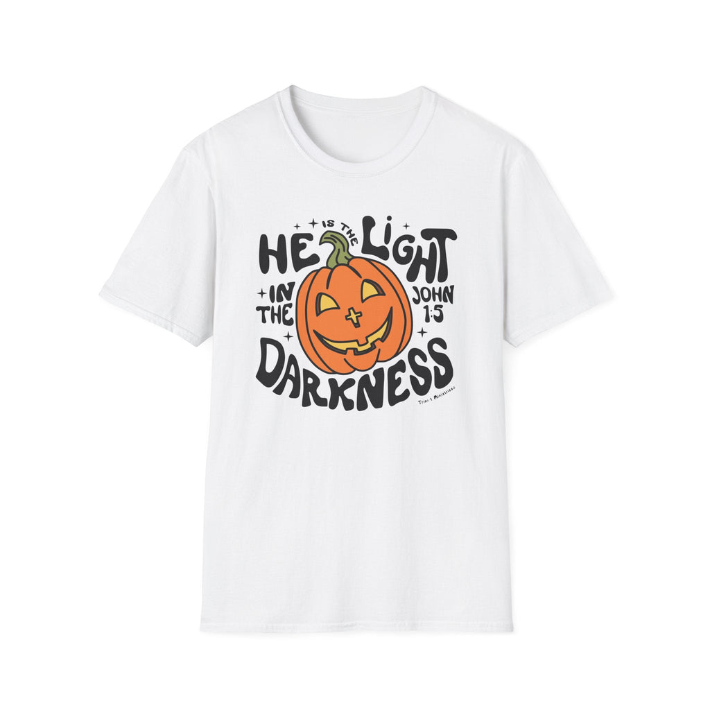 White Christian t-shirt featuring "He is the Light" pumpkin design, a faith-filled choice for Halloween.