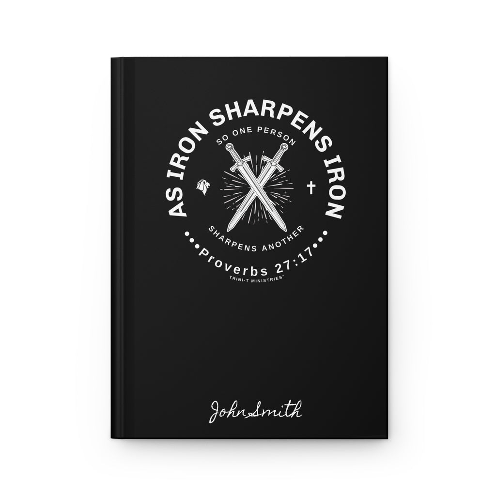 Close-up of the front cover of the Personalized Journal showing Proverbs 27:17 design and custom name.