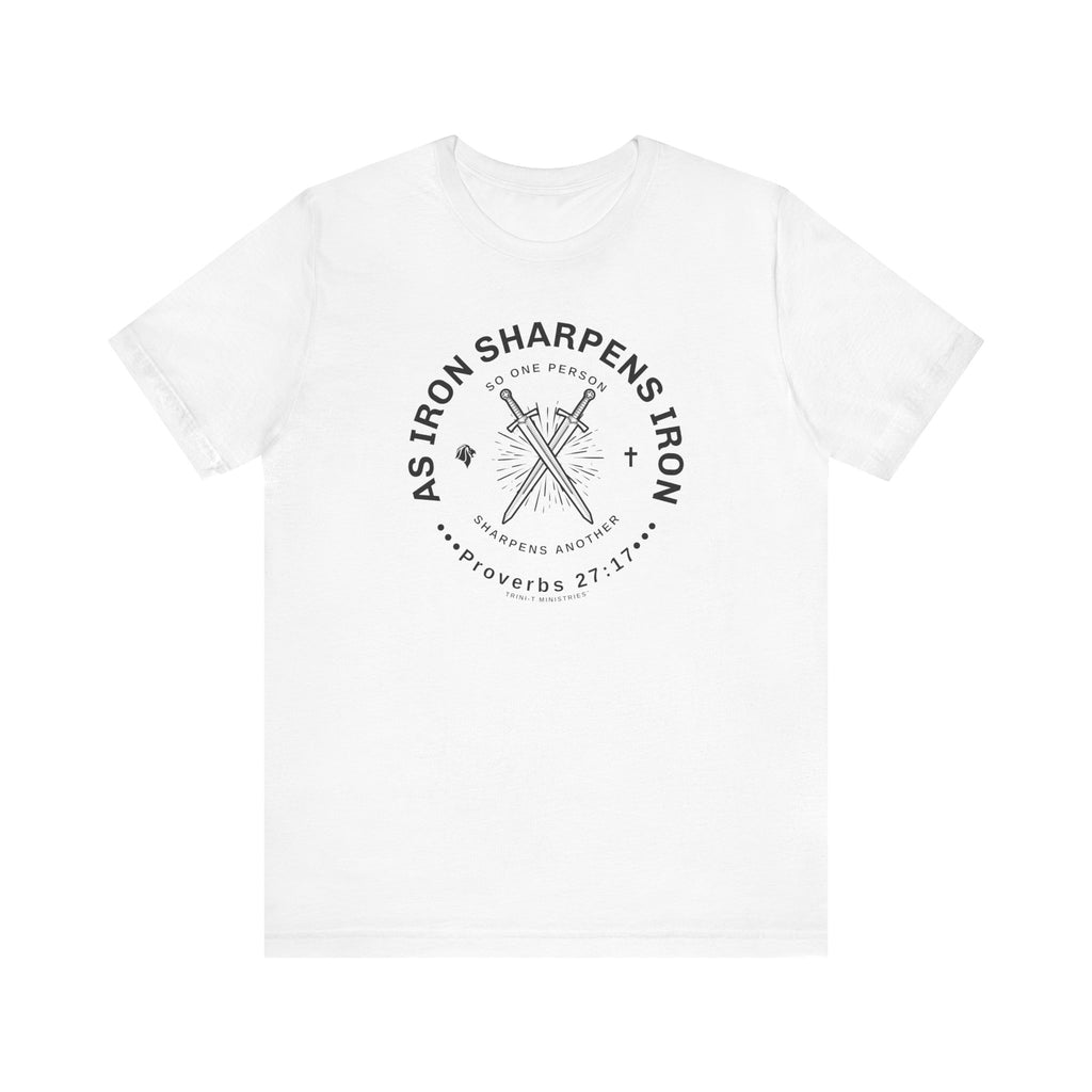 Back view of a man wearing a navy "Iron Sharpens Iron" Christian t-shirt. Shows plain back design.