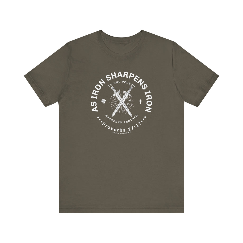 Flat lay image of a army green "Iron Sharpens Iron" Christian t-shirt. Highlights soft fabric texture.