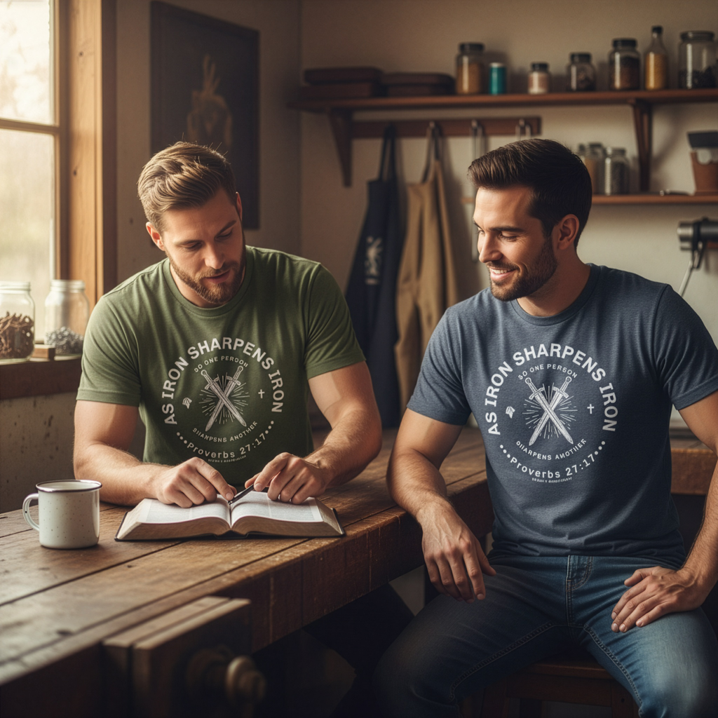 Two men wearing "Iron Sharpens Iron" t-shirts, studying Bible in a rugged workshop. Embodies Christian discipleship.