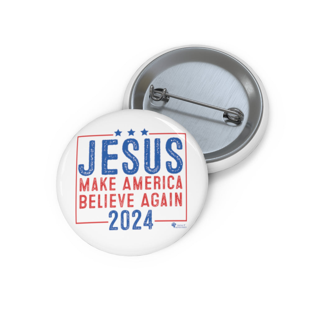 Small Christian 'Jesus 2024' campaign-style button shown actual size. Faith-inspired political parody pin.