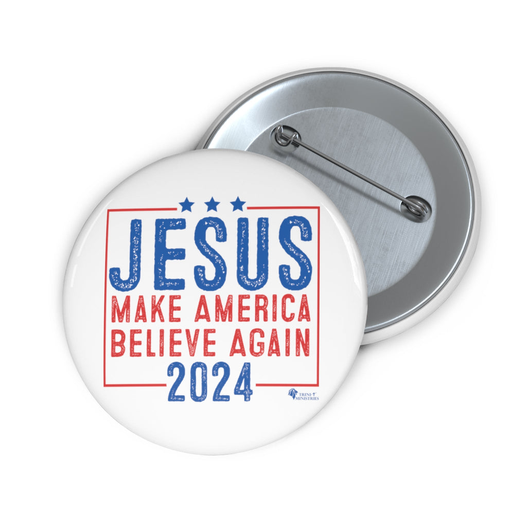 Medium Christian 'Jesus 2024' campaign-style button shown actual size. Faith-inspired political parody pin.