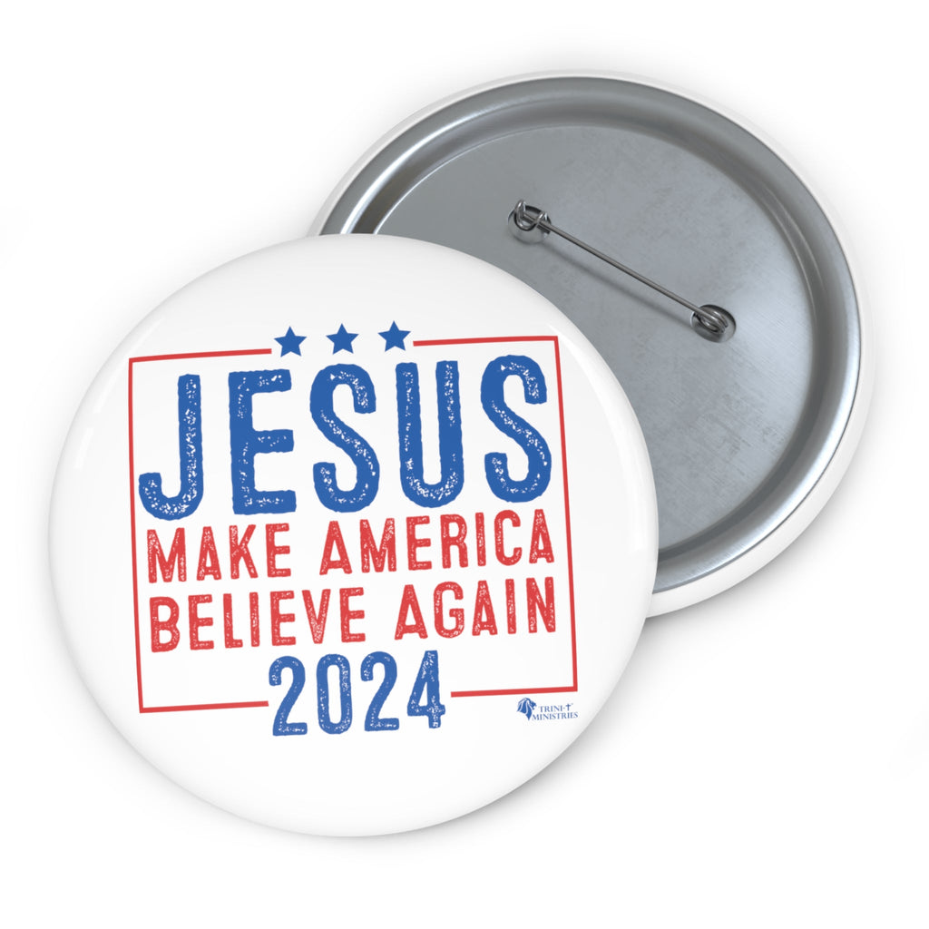 Large Christian 'Jesus 2024' campaign-style button shown actual size. Faith-inspired political parody pin.