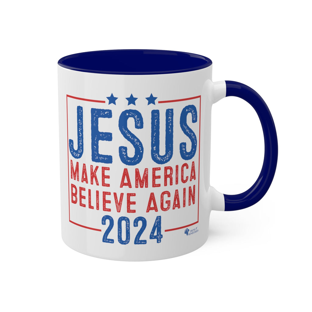 A Blue accented Jesus 2024 - Make America Believe Again Mug with handle to the right by Trini-T Ministries. Embrace your faith and share a powerful message with our "Jesus 2024 - Make America Believe Again" 11oz Mug. Designed for Christians who put Jesus above politics and candidates, recognizing Him as our true Savior. This mug blends a playful spoof of political campaigns with a unifying call to believe in Him.