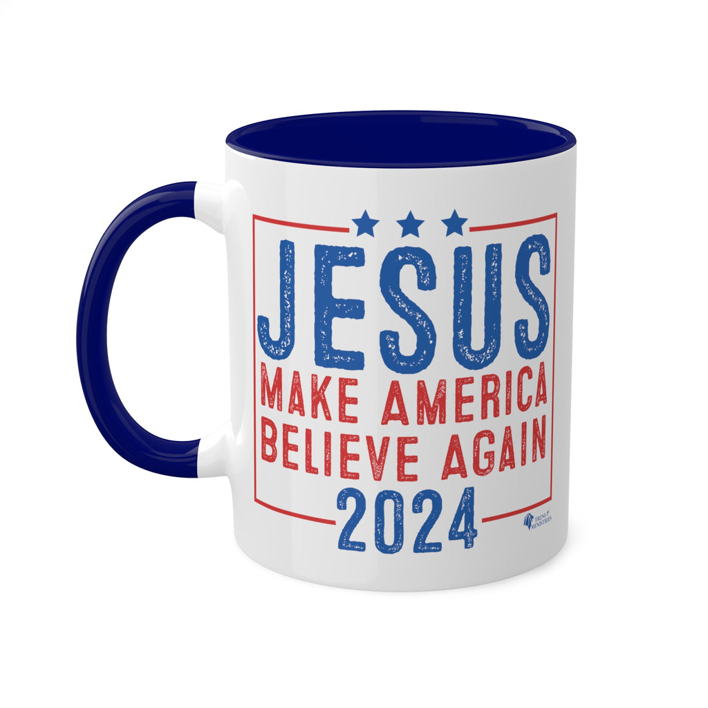 A Blue accented Jesus 2024 - Make America Believe Again Mug with handle to the left by Trini-T Ministries. Embrace your faith and share a powerful message with our "Jesus 2024 - Make America Believe Again" 11oz Mug. Designed for Christians who put Jesus above politics and candidates, recognizing Him as our true Savior. This mug blends a playful spoof of political campaigns with a unifying call to believe in Him.