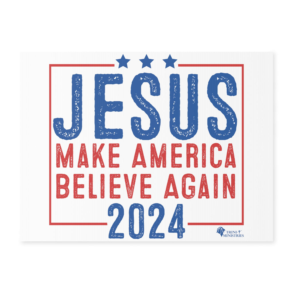 A Jesus 2024 - Make America Believe Again Yard Sign. Looking to make a statement that transcends politics and unites us all in faith? Introducing our Jesus 2024 yard sign, a playful yet powerful reminder that our true savior is in charge. Emulating the familiar design of political signs that dot the American landscape during election season.