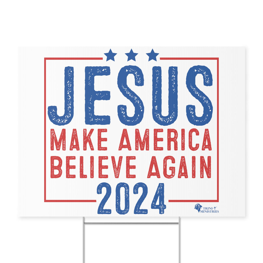 A Jesus 2024 - Make America Believe Again Yard Sign with metal stand. Looking to make a statement that transcends politics and unites us all in faith? Introducing our Jesus 2024 yard sign, a playful yet powerful reminder that our true savior is in charge. Emulating the familiar design of political signs that dot the American landscape during election season.