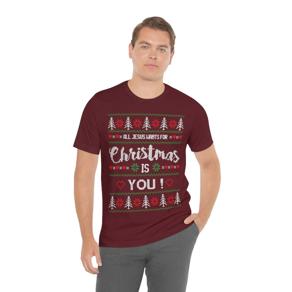 Jesus Wants You - Ugly Sweater T -  Dark Grey Heather / S, Dark Grey Heather / M, Dark Grey Heather / L, Dark Grey Heather / XL, Dark Grey Heather / 2XL, Dark Grey Heather / 3XL, Athletic Heather / S, Black / S, Maroon / S, Navy / S -  Trini-T Ministries