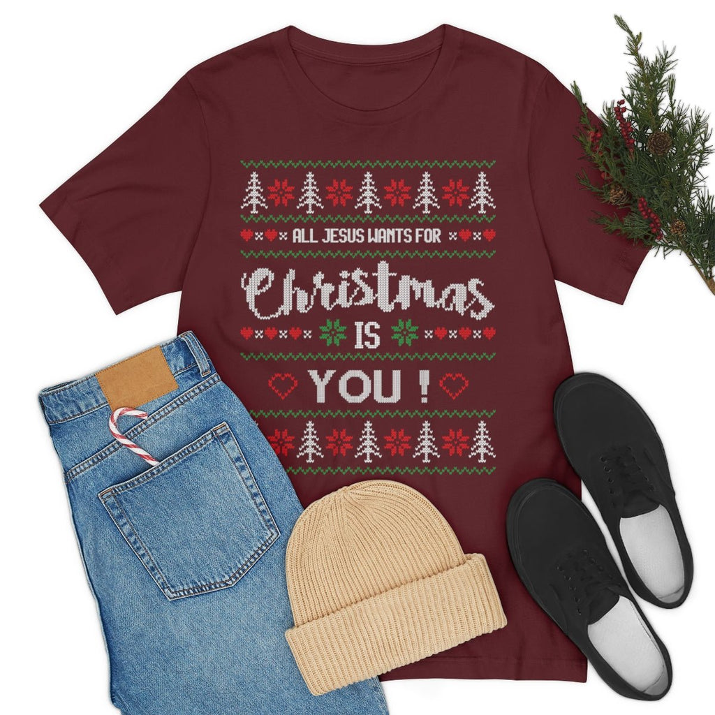 Jesus Wants You - Ugly Sweater T -  Dark Grey Heather / S, Dark Grey Heather / M, Dark Grey Heather / L, Dark Grey Heather / XL, Dark Grey Heather / 2XL, Dark Grey Heather / 3XL, Athletic Heather / S, Black / S, Maroon / S, Navy / S -  Trini-T Ministries