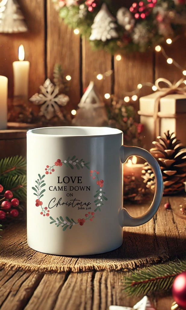 Love came down on Christmas - Christmas mug in cozy Christmas setting - Perfect for sharing the warmth of Jesus this Christmas.