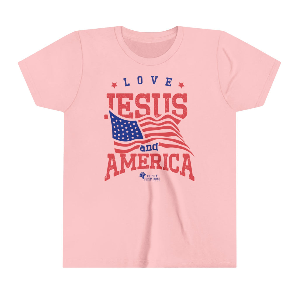 Trini-T Ministries' Love Jesus and America design on a Kid's pink bella+canvas 300Y t-shirt. Showcase your children's faith and patriotism with our "Love Jesus and America" Kid's T-Shirt. This charming and inspirational graphic tee is perfect for parents, relatives, and friends who want to share the Word of God and celebrate their love for America through their children's outfit.