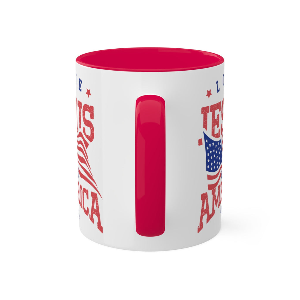 11oz White Mug with red handle and interior handle on the front. Celebrate your faith and patriotism every morning with our "Love Jesus and America" 11oz Mug. This Christian Patriotic Ceramic Coffee Cup features a bold American flag design and the heartfelt message "Love Jesus and America," perfect for showing your love for God and country.