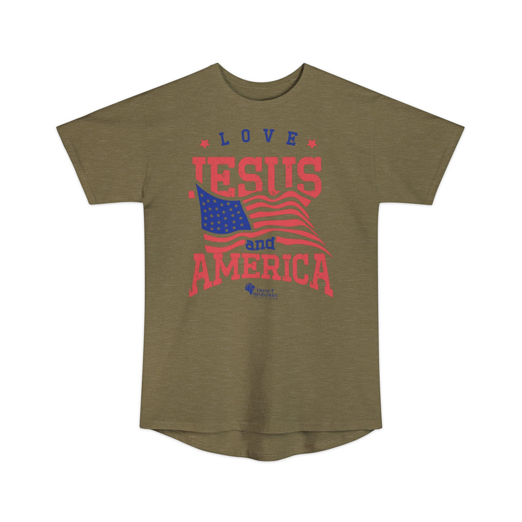 Heather Olive Tee with Love Jesus and America design on Bella+Canvas 3006 Long Urban Tee. Elevate your streetwear game with our "Love Jesus and America" Long-body Urban Tee. This trendy graphic tee is designed for patriots who want to blend faith and fashion, and make a bold statement. Whether it’s for yourself or as a gift for a friend or family member, this shirt is ideal for showcasing your love for Jesus and America in a modern, urban style.