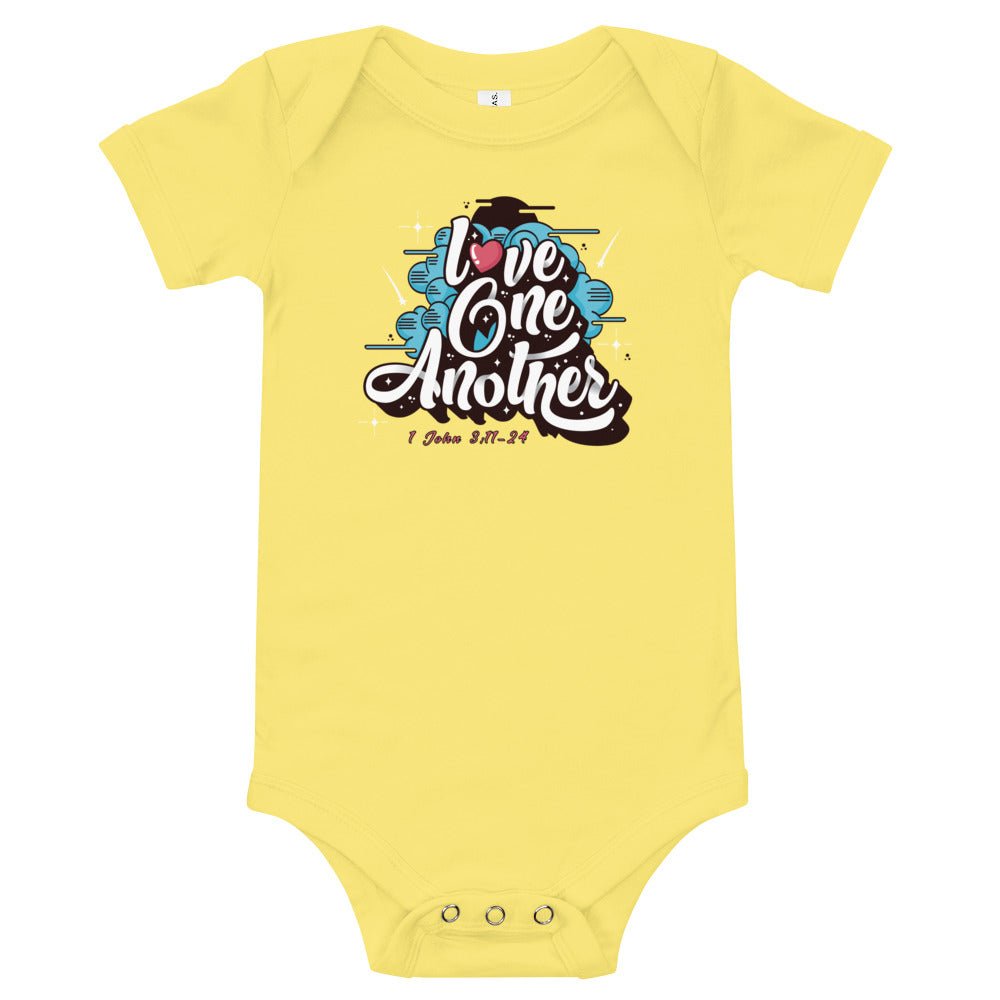 Love One Another - Baby’s Romper -  Black / 3-6m, Black / 6-12m, Black / 12-18m, Black / 18-24m, Dark Grey Heather / 3-6m, Dark Grey Heather / 6-12m, Dark Grey Heather / 12-18m, Dark Grey Heather / 18-24m, Heather Columbia Blue / 3-6m, Heather Columbia Blue / 6-12m -  Trini-T Ministries