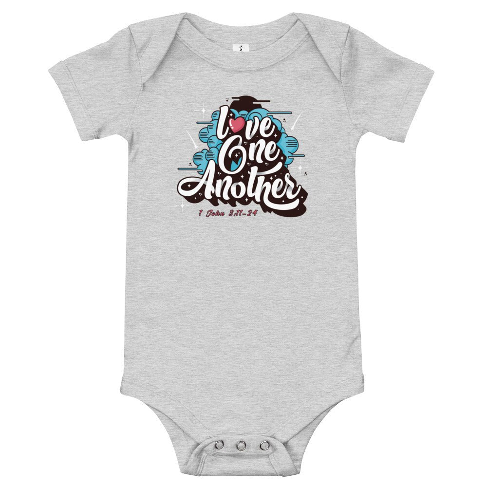 Love One Another - Baby’s Romper -  Black / 3-6m, Black / 6-12m, Black / 12-18m, Black / 18-24m, Dark Grey Heather / 3-6m, Dark Grey Heather / 6-12m, Dark Grey Heather / 12-18m, Dark Grey Heather / 18-24m, Heather Columbia Blue / 3-6m, Heather Columbia Blue / 6-12m -  Trini-T Ministries