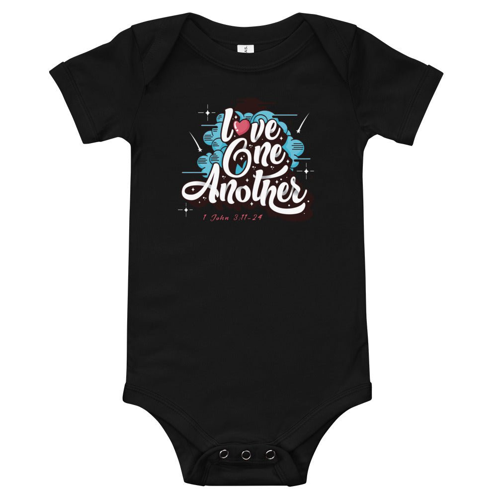 Love One Another - Baby’s Romper -  Black / 3-6m, Black / 6-12m, Black / 12-18m, Black / 18-24m, Dark Grey Heather / 3-6m, Dark Grey Heather / 6-12m, Dark Grey Heather / 12-18m, Dark Grey Heather / 18-24m, Heather Columbia Blue / 3-6m, Heather Columbia Blue / 6-12m -  Trini-T Ministries